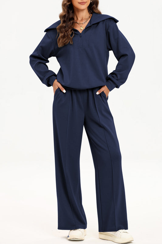 Half Zip Collared Neck Sweatshirt and Pants Set