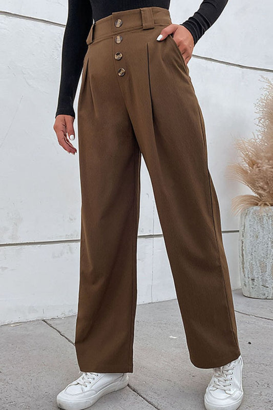 Perfee Button-Fly Pleated Waist Wide Leg Pants with Pockets