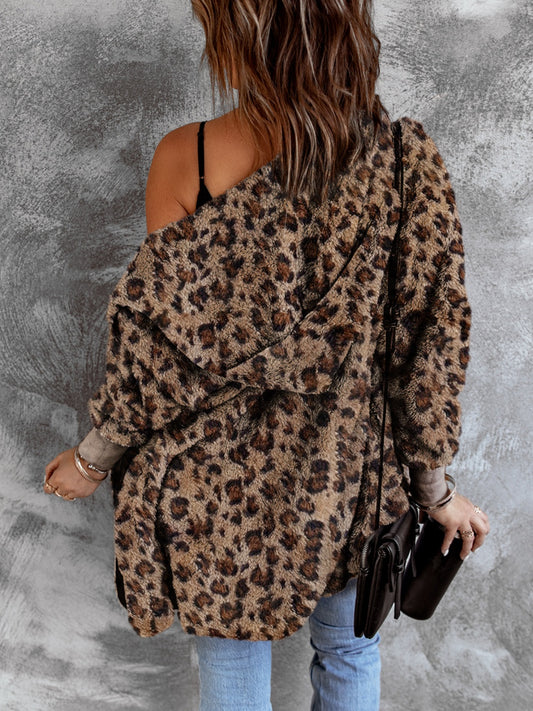 Fuzzy Leopard Long Sleeve Hooded Jacket