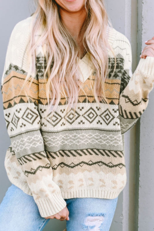 Geometric V-Neck Dropped Shoulder Sweater