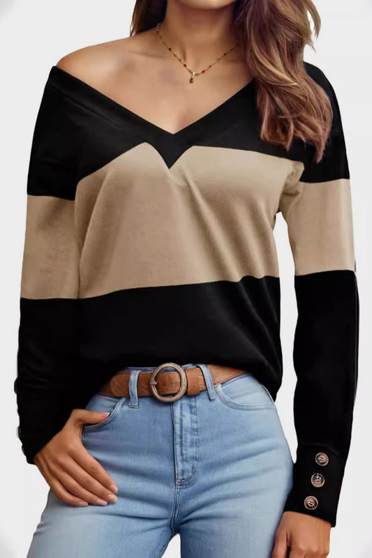 Decorative Button Contrast V-Neck Long Sleeve T-Shirt