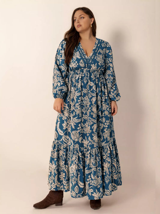 Plus Size Boho Floral Print Long Sleeve Maxi Dress