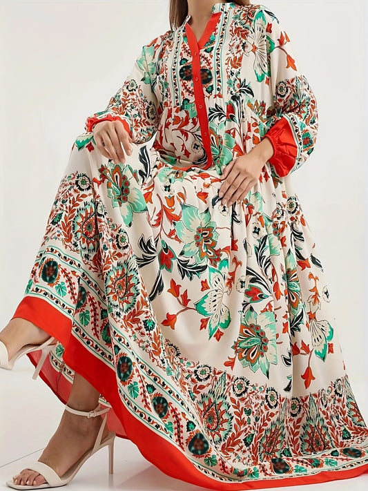 Printed Notched Long Sleeve Maxi Dress