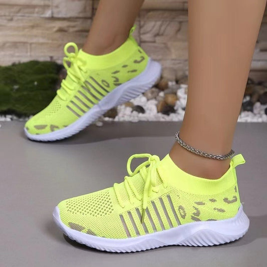 Breathable Leopard Mesh Lace Up Sneakers