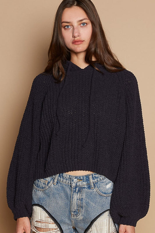 POL Back Open Slit Balloon Sleeve Crop Hooded Sweater