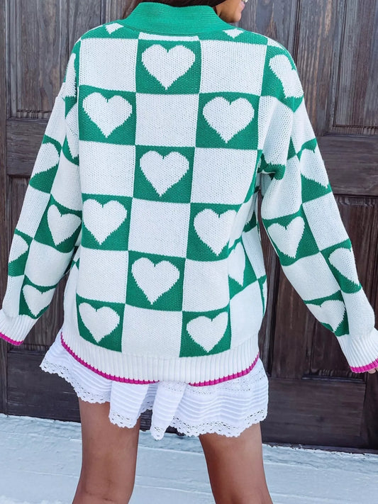 Plaid Heart Knit V Neck Button Down Sweater Cardigan