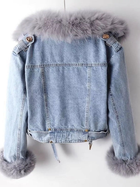 Full Size Faux Fur Collar Denim Jacket Plus Size