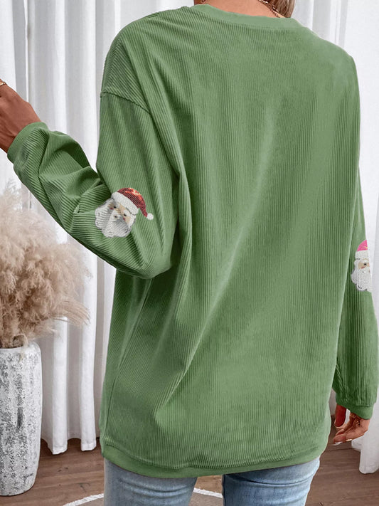 Corded Ribbed Sequin Patched Santa Claus Graphic Sweatshirt