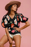 BiBi Floral Pattern Puff Sleeves V-Neck Sweater