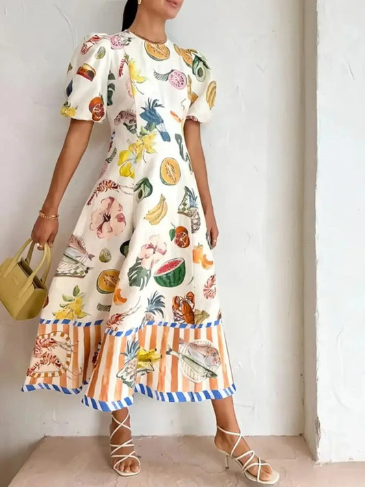 Printed Round Neck Puff Sleeve Dress