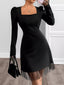 Square Neck Puff Sleeve Mesh Hem Dress
