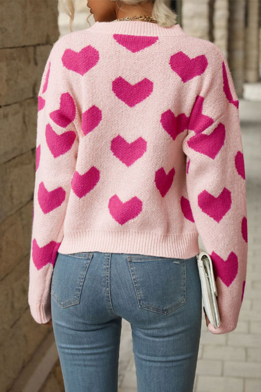 Perfee Heart Pattern Dropped Shoulder Sweater