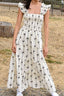Bow Print Smocked Square Neck Ruffle Tiered Maxi Dress