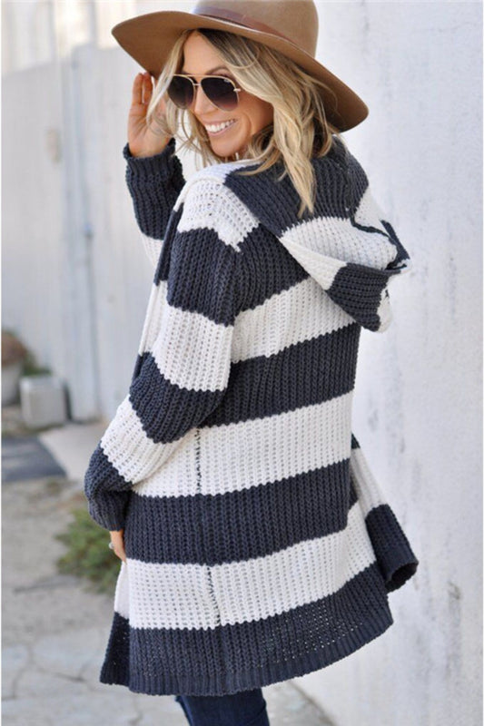 Contrast Stripes Open Front Long Sleeve Cardigan