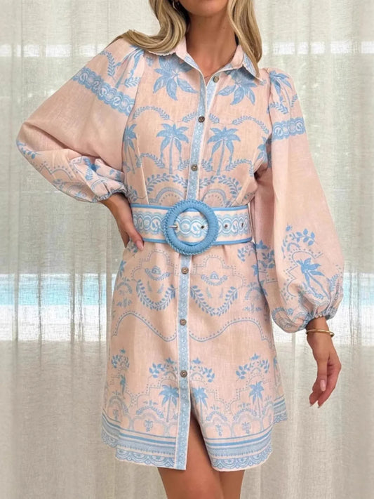 Printed Button Down Shirt Dress with Belt