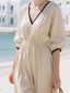 Full Size Contrast Trim V-Neck 3/4 Sleeve Dress Plus Size