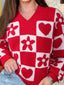 Floral Heart Checkered V-Neck Sweater