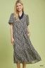 Umgee Leaf Print Ruffle Neck Midi Dress