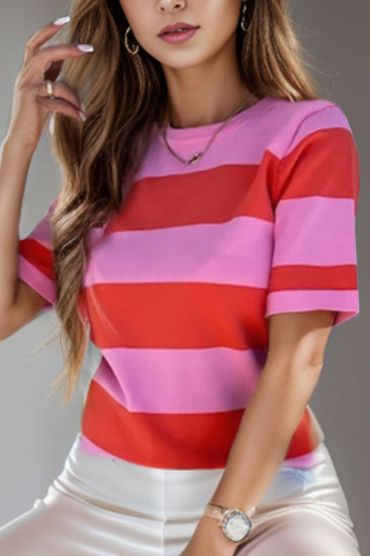 Color Block Round Neck Short Sleeve T-Shirt