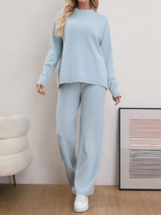 Mock Neck Long Sleeve Top and Pants Sweater Set