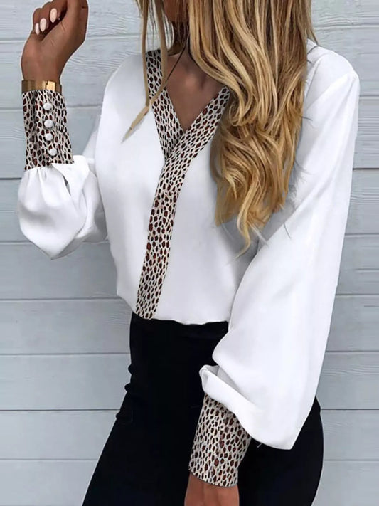 Full Size Leopard Trim Lantern Sleeve Blouse Plus Size