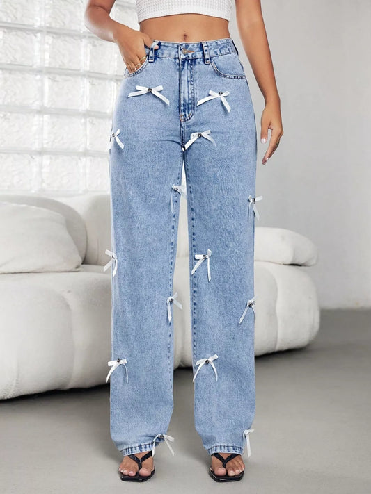 Bow Decor High Waist Wide Leg Jeans