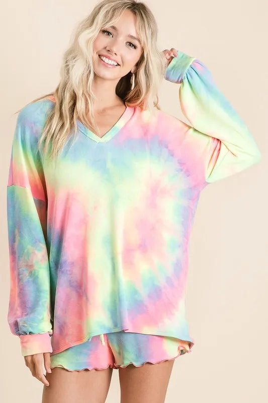 BiBi Tie Dye French Terry Top With Balloon Sleeves