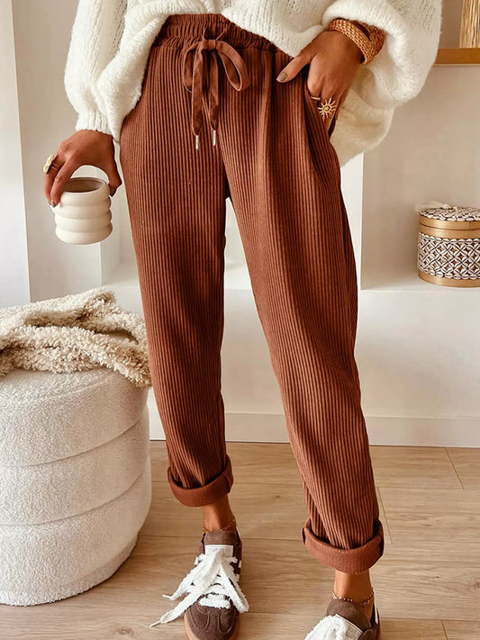 Casual Corduroy Drawstring Waist Pants