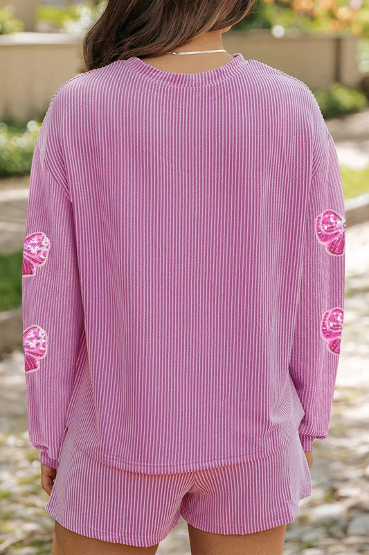 Corded Rib Sequin Bow Patched Long Sleeve Top and Shorts 2pcs Set