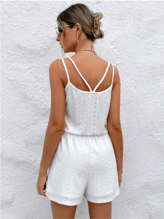 Eyelet Scoop Neck Double Spaghetti Straps Romper