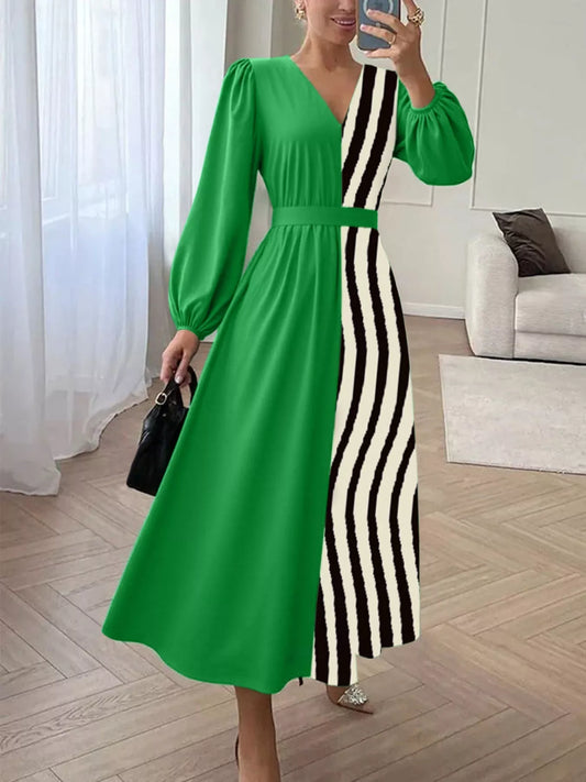 Color Block Striped Long Sleeve Midi Dress