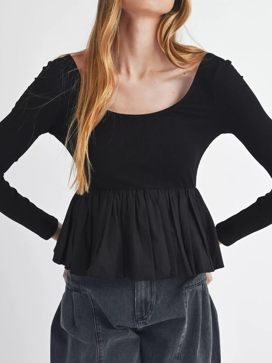 Ribbed Knit Long Sleeve Scoop Neck Peplum Patchwork Top