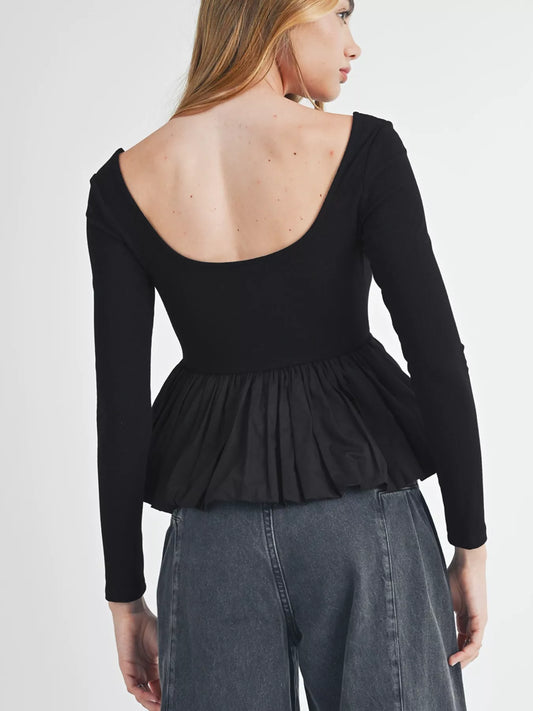 Ribbed Knit Long Sleeve Scoop Neck Peplum Patchwork Top