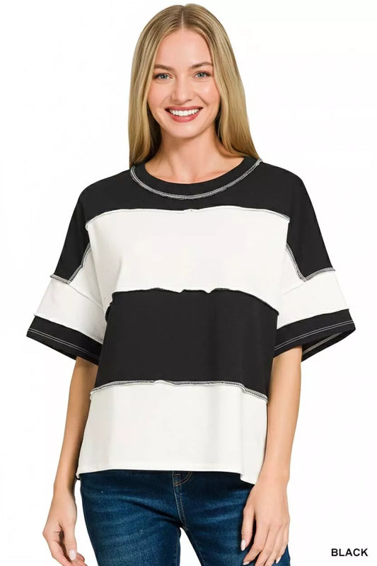 Zenana French Terry Color Block Exposed Seam Top