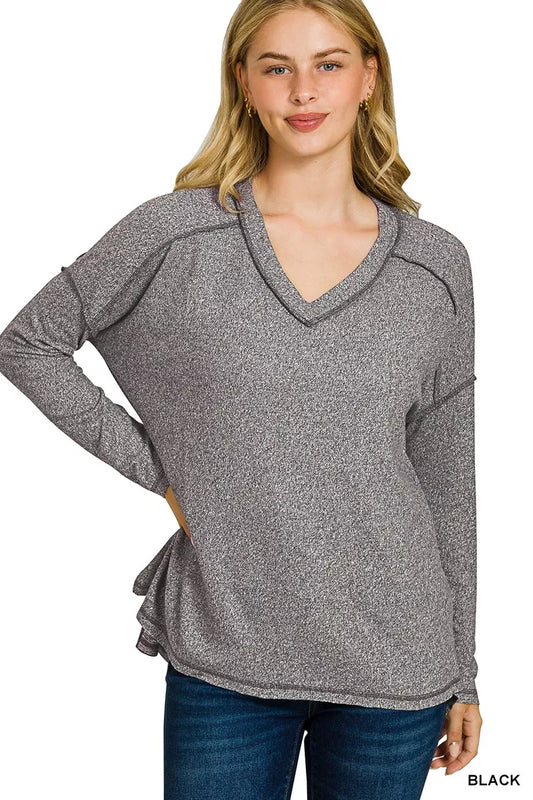 Zenana Soft Melange Hacci Exposed Seam Hi-low Tee