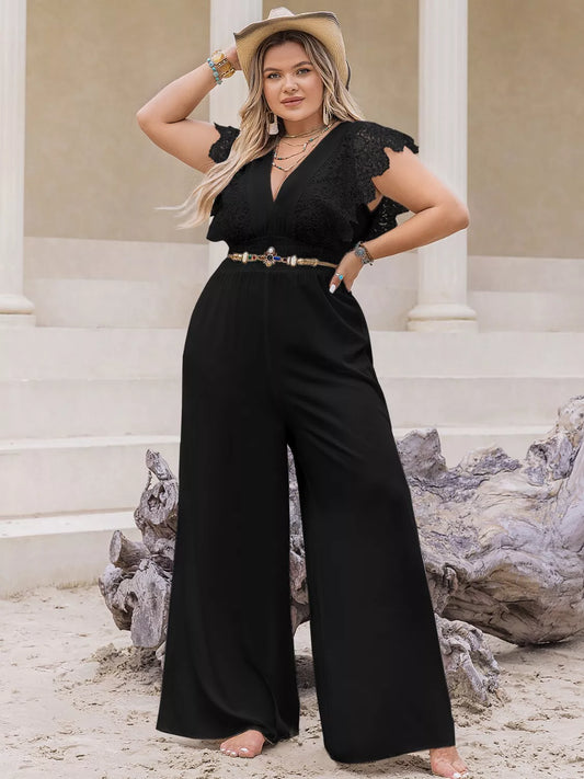 Plus Size Lace Cap Sleeve Wide Leg Jumpsuit