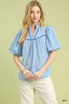 Umgee Puff Sleeve Eyelet Mix Top with Contrast Piping