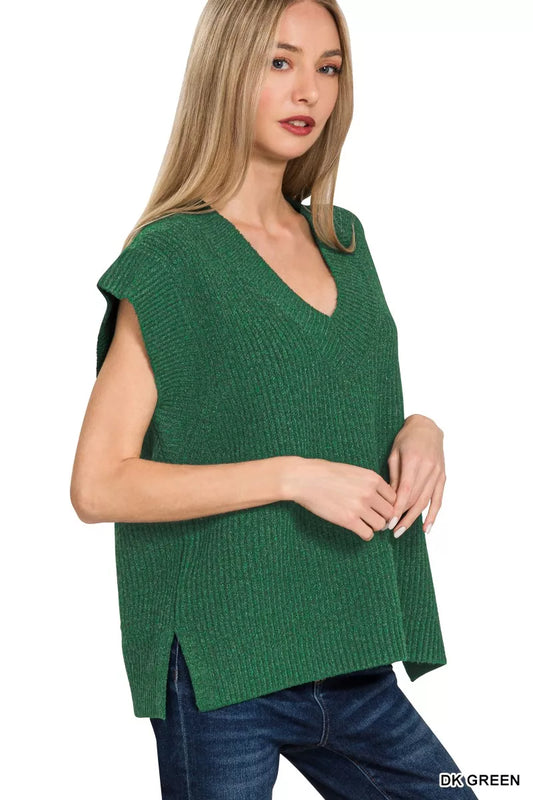 Zenana Ribbed Slit V-Neck Sweater Vest
