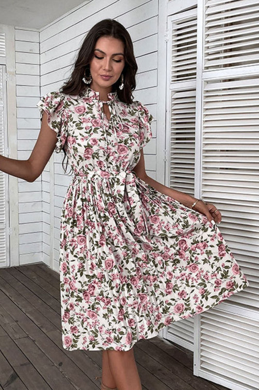 Perfee Floral Tie-Neck Flutter Sleeve Midi Dress