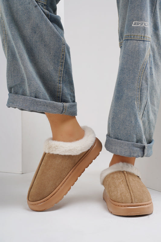 Furry Round Toe Platform Slippers