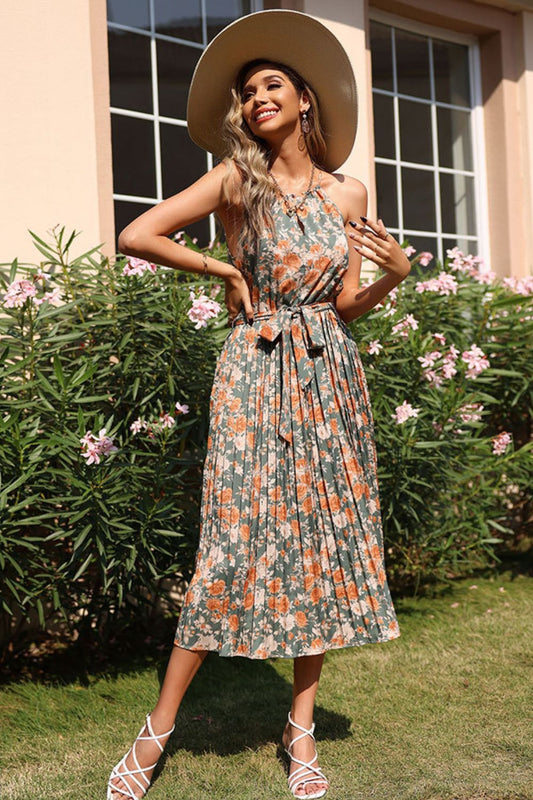 Perfee Floral Tie Waist Pleated Dress