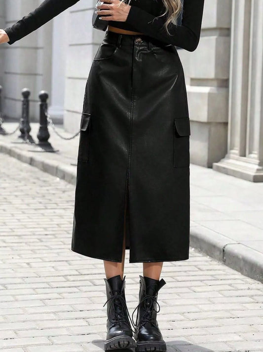 Slit Leather Cargo Skirt