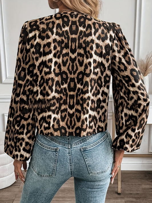 Tied Leopard Round Neck Long Sleeve Top