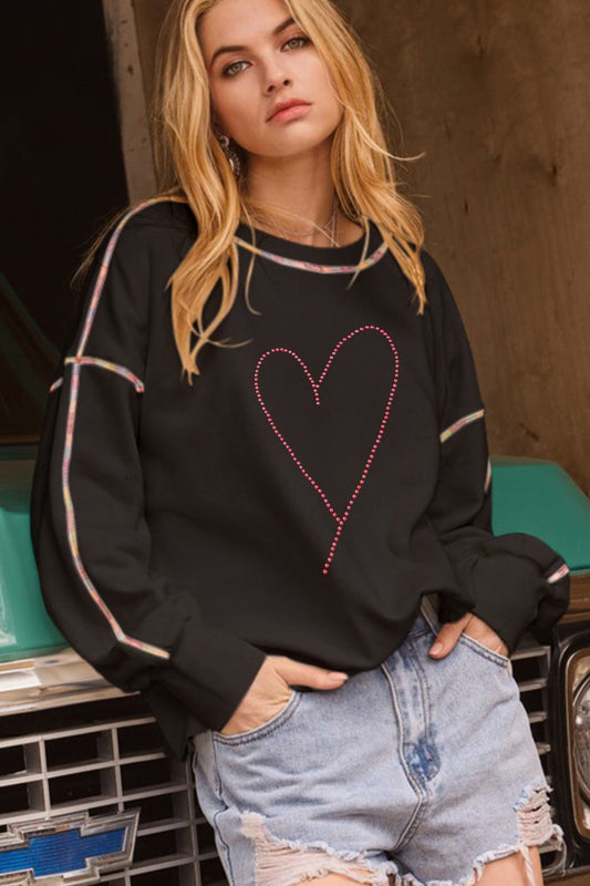 Valentine’s Day Rhinestone Heart Round Neck Long Sleeve Sweatshirt