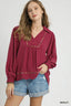 Umgee Full Size Linen Scallop Hem Blouse with Contrast Trim Plus Size