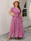 Plus Size Printed V-Neck Flutter Sleeve Tie Waist Maxi Dress