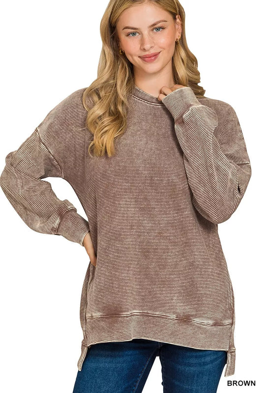 Zenana Full Size Acid Washed Double Ribbed Hi-low Sweatshirt Plus Size