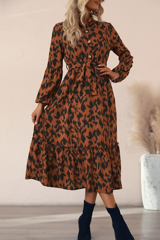 Perfee Printed Bubble Sleeve Buttoned Shirt Dress