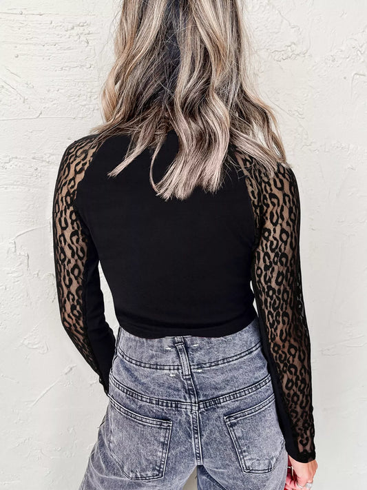 Leopard Mesh Patchwork Knit Long Sleeve Top