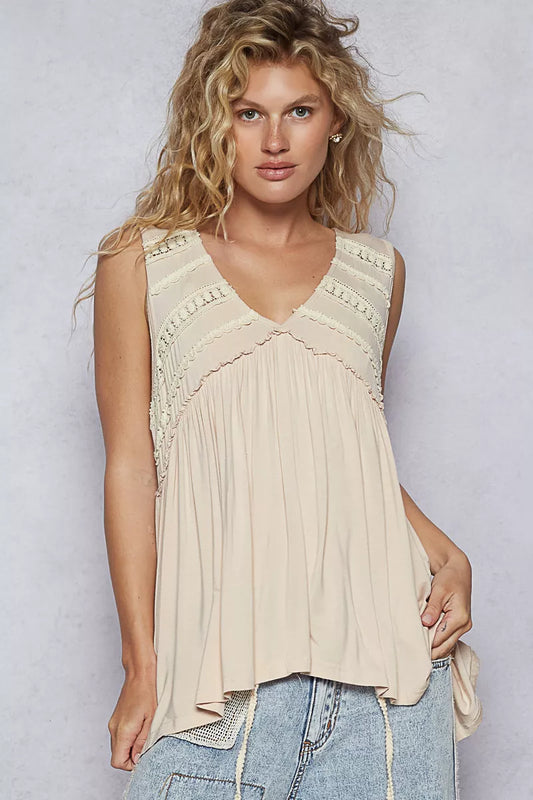 POL Lace Trim Babydoll Sleeveless Top with Ruffled and Raw Edge Detail